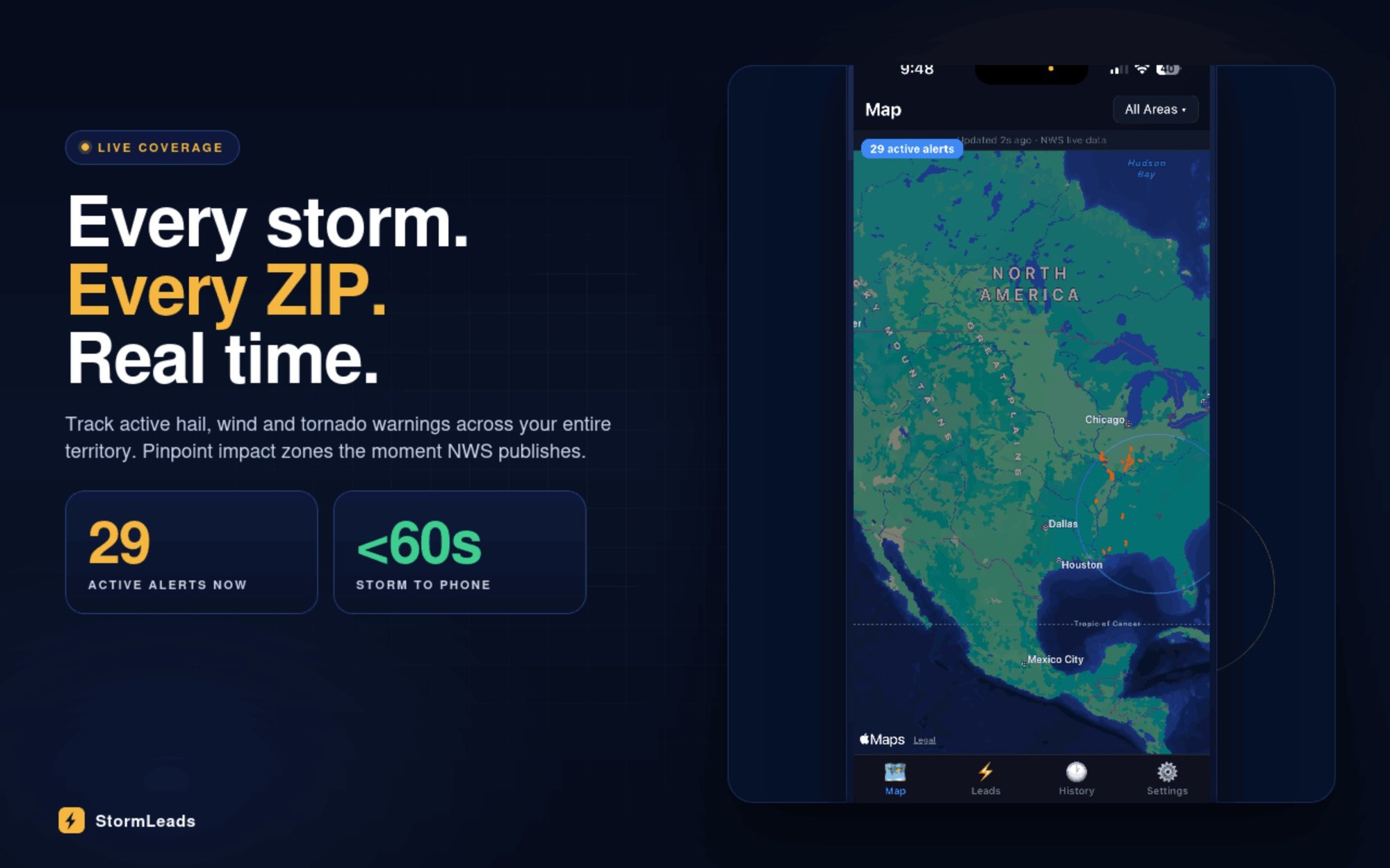 Every storm. Every ZIP. Real time. Track active hail, wind and tornado warnings across your entire territory.