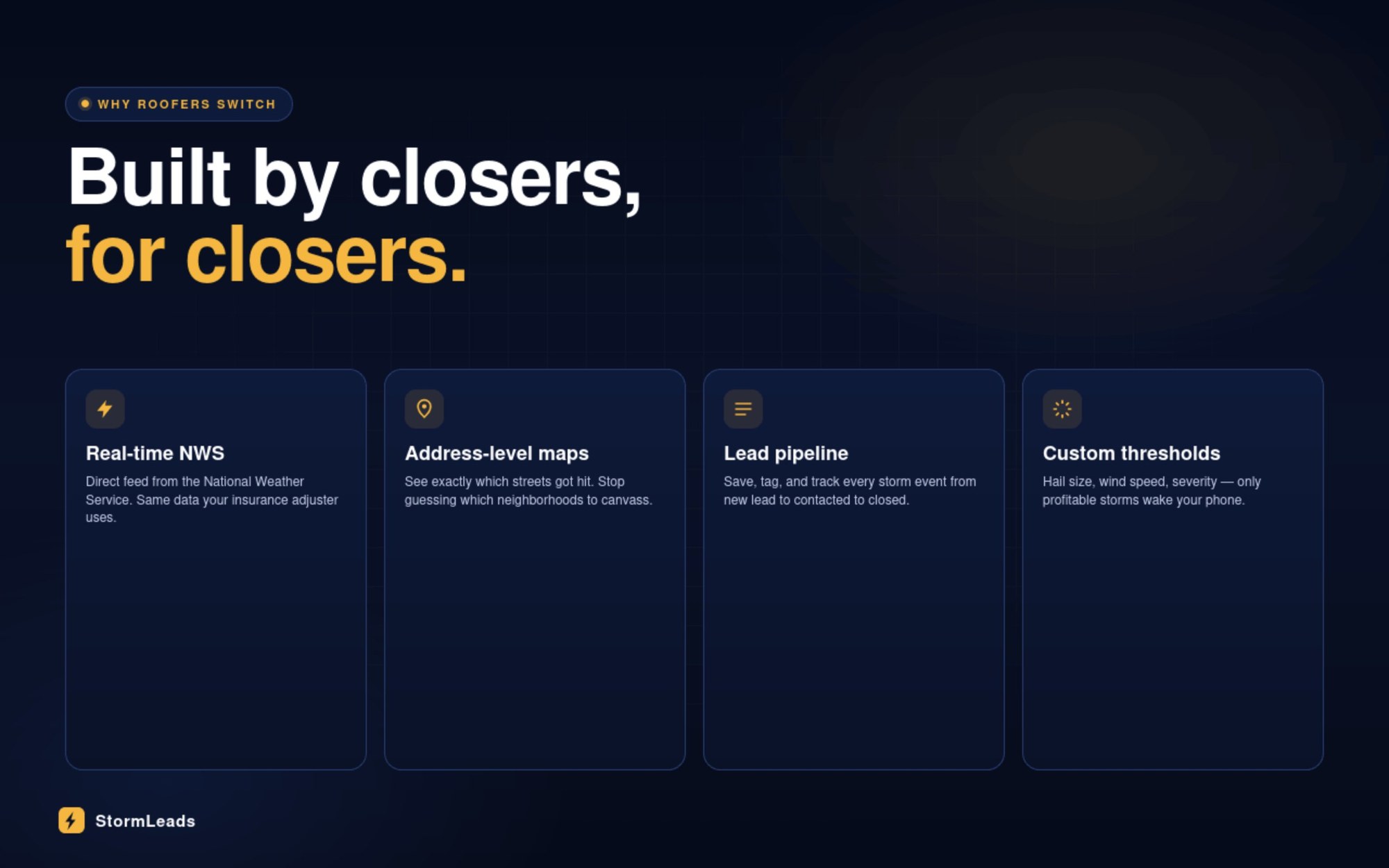 Built by closers, for closers. Real-time NWS, address-level maps, lead pipeline, custom thresholds.
